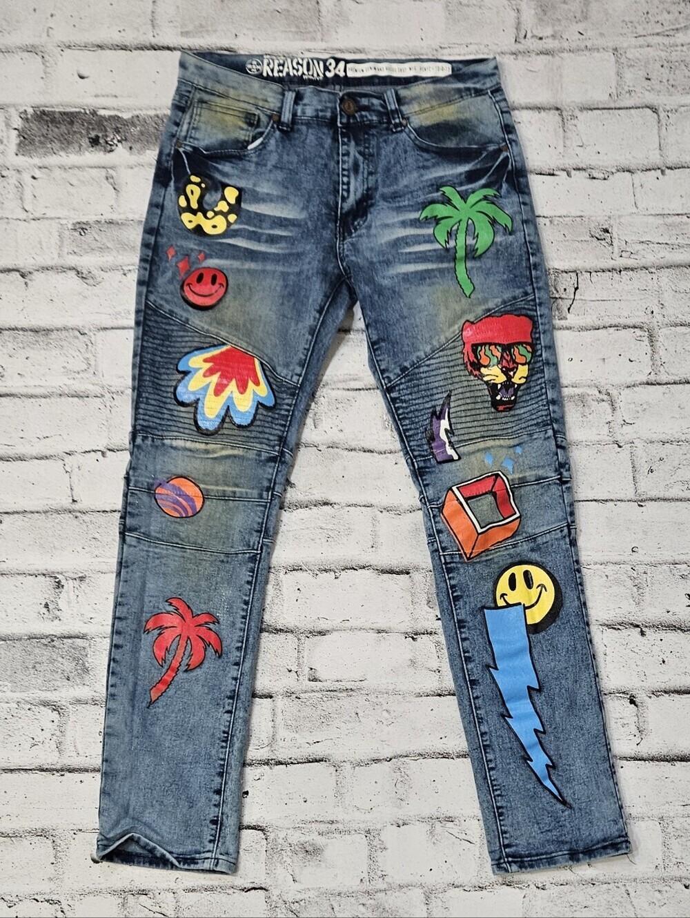 Reason NYC Graphic Patch Moto Jeans Men’s 34 Streetwear Denim